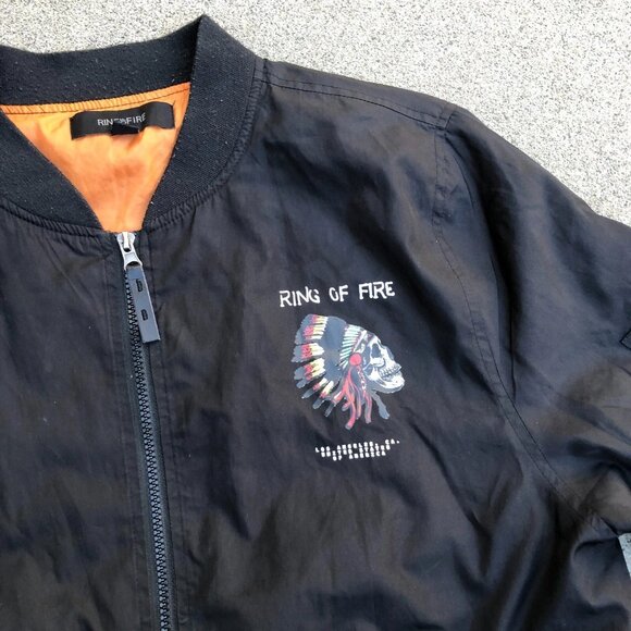 RING OF FIRE Speed Power Victory Bomber Jacket LG Men's Full Zip Black Skull - Picture 10 of 12